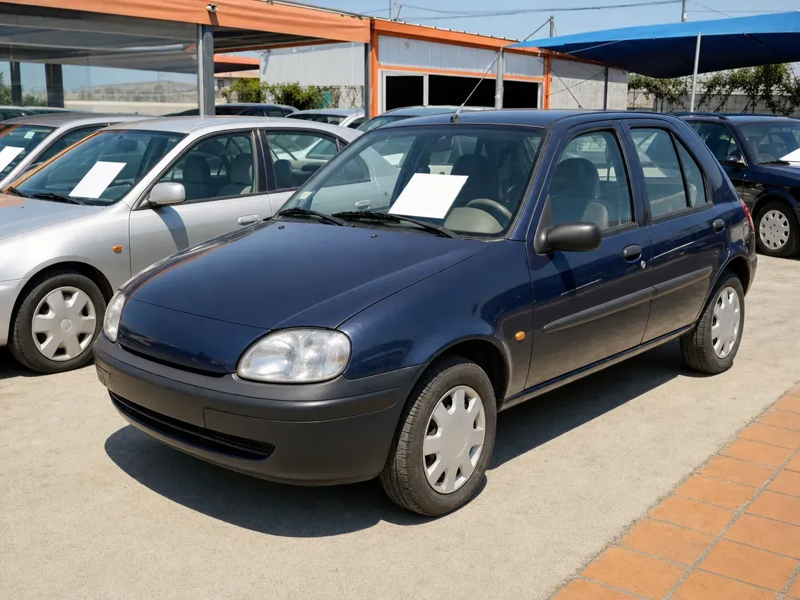 Coche antiguo sin etiqueta a la venta en un concesionario de segunda mano