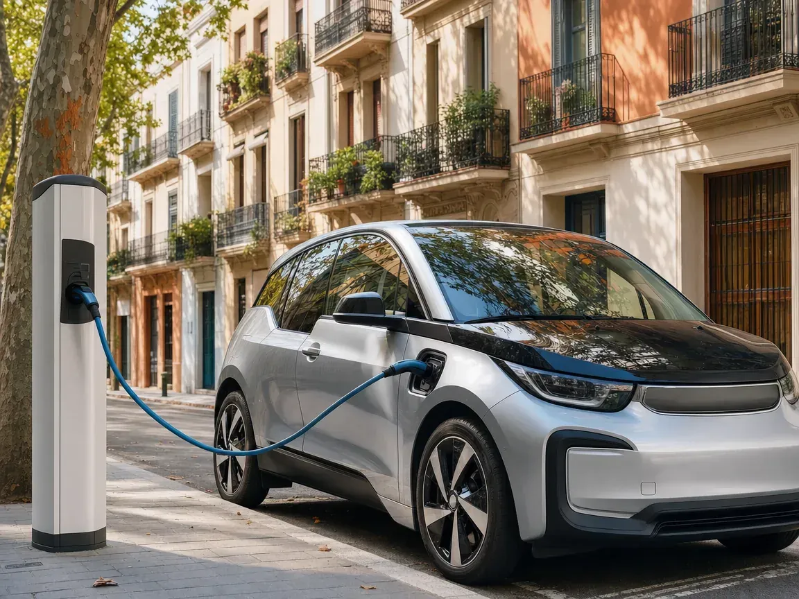 Coche eléctrico cargando en una calle, comprado con ayudas para el coche eléctrico