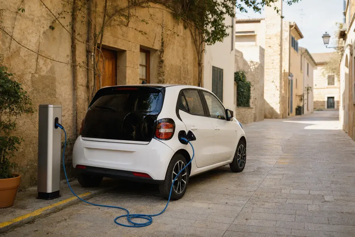 Coche eléctrico enchufado con la etiqueta CERO de la DGT