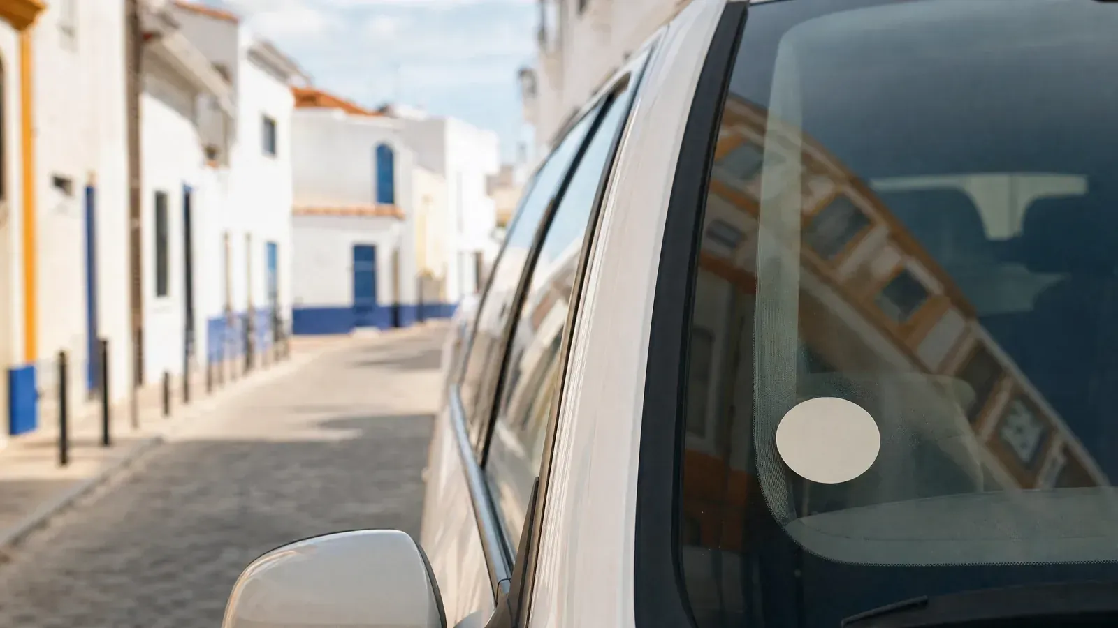 Parabrisas de un coche con la pegatina del distintivo ambiental de la DGT en la esquina inferior derecha